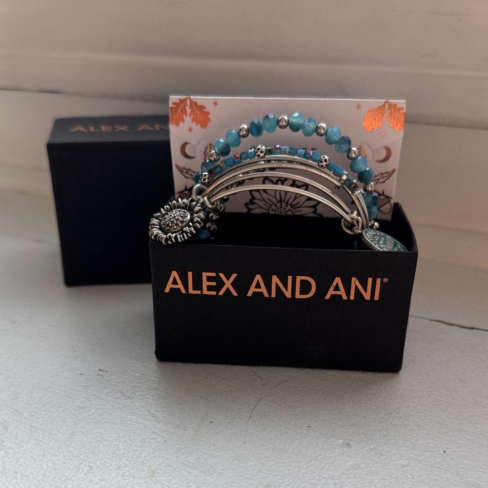 Alex and Ani Silver Sunflower Bracelet Stack with Turquoise Beads